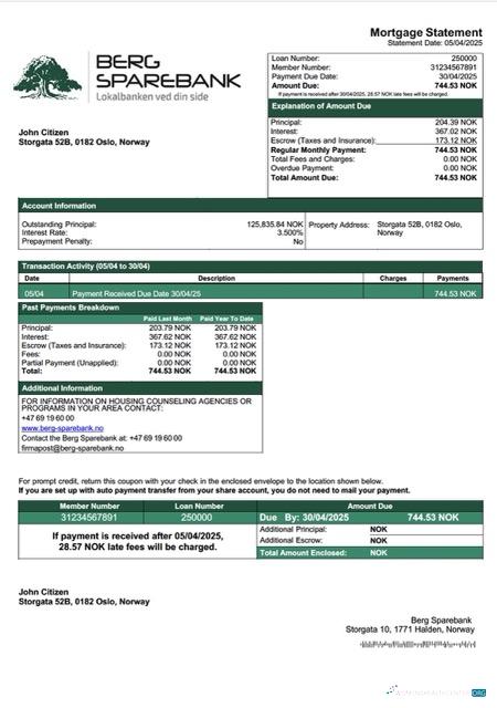 Download Norway Berg Sparebank mortgage statement Word and PDF template Photoshop template